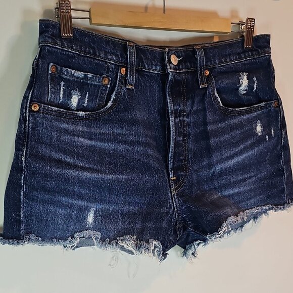 Levi's 501 Blue Distressed Denim Button Fly 32" Waist Jean Shorts - Picture 3 of 13